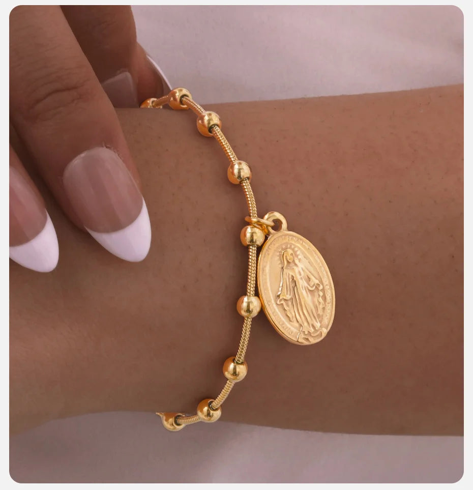 Vnox-pulsera de Rosario para mujer y niña, brazalete de oración de la Virgen María, Cruz religiosa de acero inoxidable chapada en oro, regalos