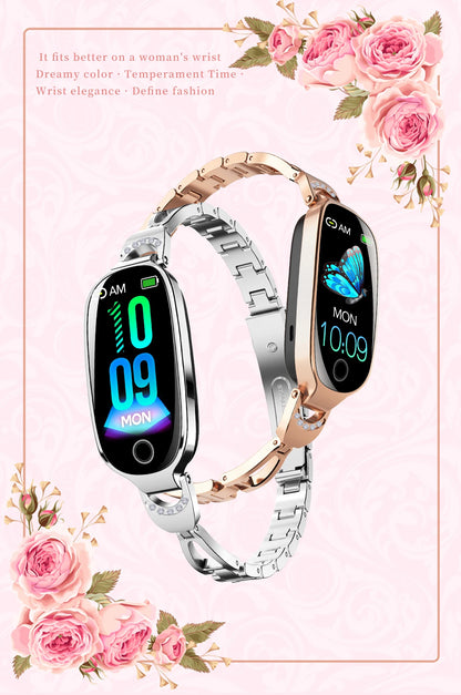 Reloj inteligente de moda para mujer con correa de caja de Metal llamadas Bluetooth recordatorio Menstrual femenino Monitor de presión arterial y frecuencia cardíaca