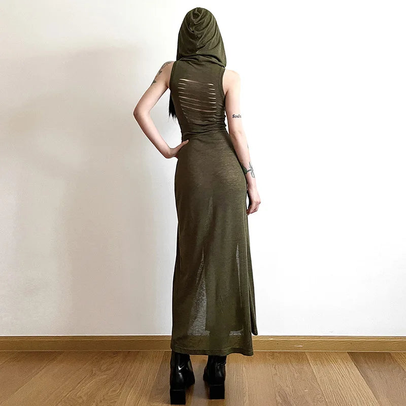 Verano Sexy estilo europeo y americano sin mangas vestido con capucha largo dividido ahueca hacia fuera el vestido de las mujeres de Color puro