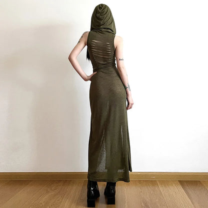 Verano Sexy estilo europeo y americano sin mangas vestido con capucha largo dividido ahueca hacia fuera el vestido de las mujeres de Color puro