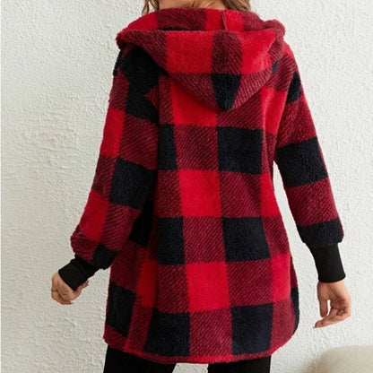 Cárdigan a cuadros de doble lana para mujer, chaqueta suave holgada de manga larga de felpa cálida con capucha, abrigo de retales para mujer, Otoño e Invierno