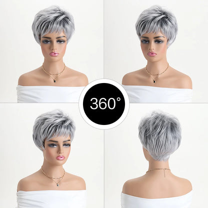 Short natural wigs with bangs, soft hair for mom, daily use, short gray ombre curly synthetic hair, costume party wig for women