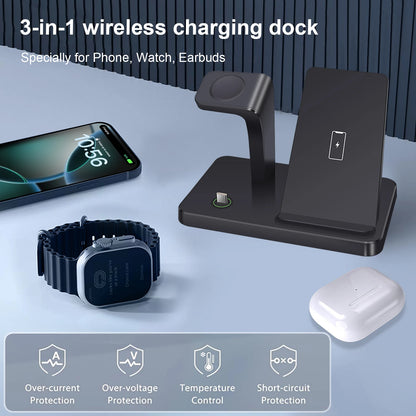 3-in-1 Wireless Charger for iPhone 16, 15, 14, 13, 12 Pro Max, Fast Charging Station for iWatch 10, 9, 8, AirPods 3, Induction Stand