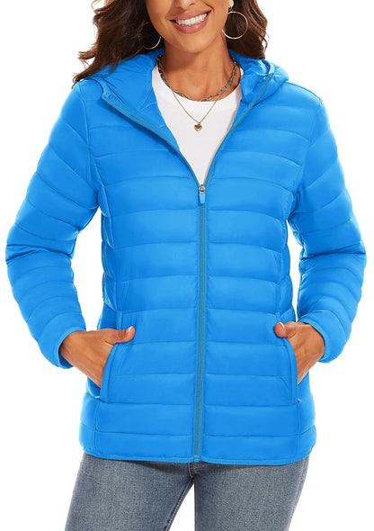 TACVASEN Chaqueta acolchada con capucha y cremallera completa para mujer, abrigos cálidos acolchados de invierno, cortavientos informal, prendas de vestir ligeras acolchadas para exteriores