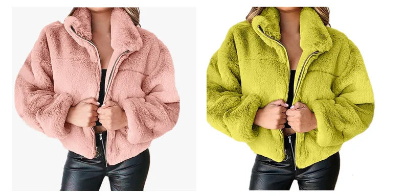 Women's warm winter jacket, zipper cardigan, faux fur, fashion, long sleeve, stand-up collar, plush coat for women