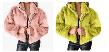 Women's warm winter jacket, zipper cardigan, faux fur, fashion, long sleeve, stand-up collar, plush coat for women