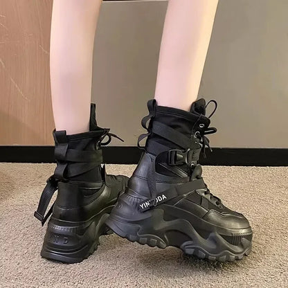 Botas De moto con plataforma gruesa para Mujer, zapatos blancos con cordones y parte inferior gruesa, botines De Mujer para Otoño e Invierno