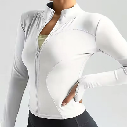 Women's Zippered Sports Jacket, Long Sleeve Slim Running Fitness Top, Quick Dry Plain Yoga Coat, Simple Casual Wear