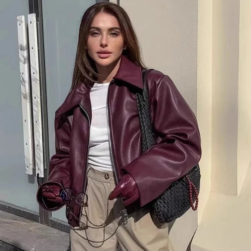Otoño Invierno chaqueta de cuero Retro 2026 nueva chaqueta de cuero Pu para mujer solapa corta motocicleta abrigo suelto mujer abrigo de cuero de motorista