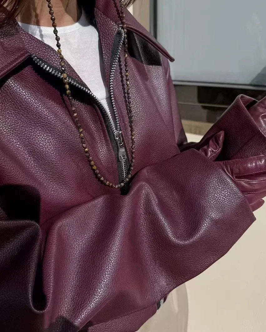 Otoño Invierno chaqueta de cuero Retro 2026 nueva chaqueta de cuero Pu para mujer solapa corta motocicleta abrigo suelto mujer abrigo de cuero de motorista