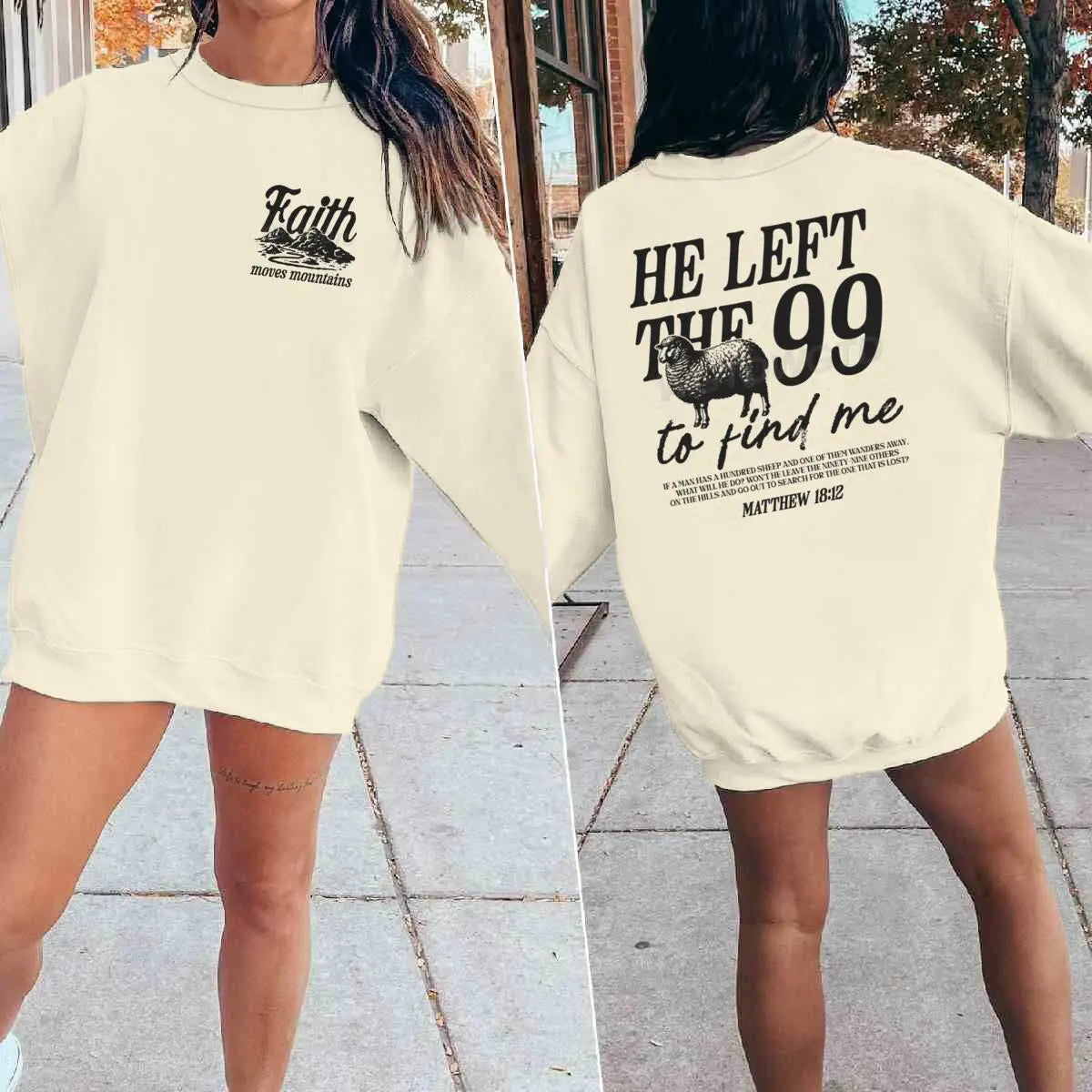 Religious design sweatshirts for men and women, with the phrase 'He left the 99 to find me', graphic pullover, religious faith gift for Christians, round neck top.