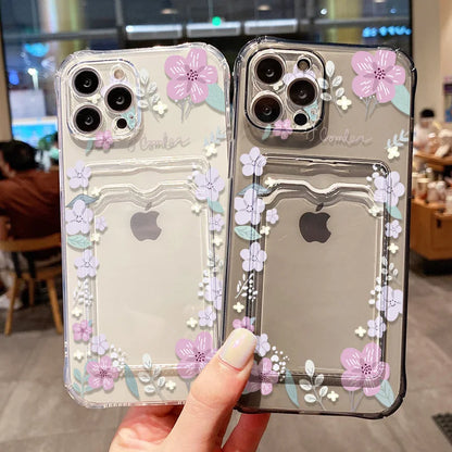 Funda de teléfono con soporte para tarjetas suaves para iPhone 13, 11, 16e, 15, 12, 14, 17, 16 Pro Max, 7 Plus, XR SE, funda transparente con flores estéticas