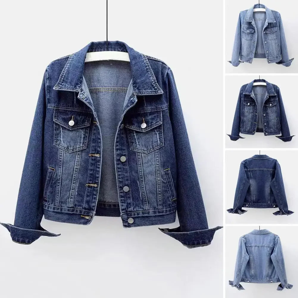 Women's denim jacket, single-breasted chest flap jacket, slim fit long sleeve short coat, retro women's denim jackets, outerwear