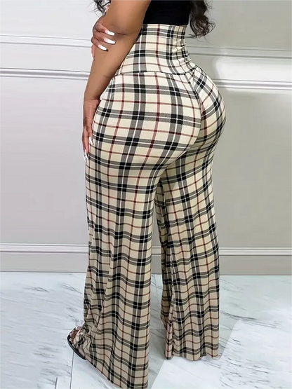 Pantalones de pierna ancha a cuadros para mujer Pantalones sueltos casuales de cintura alta para primavera verano