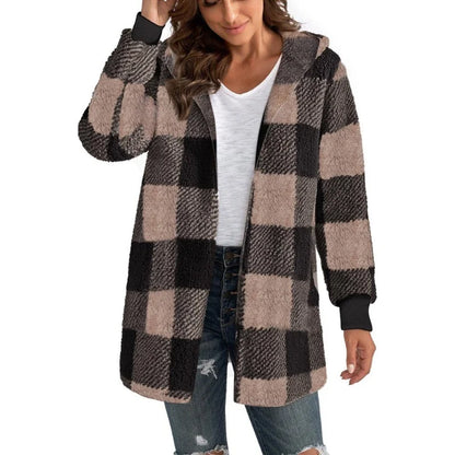 Cárdigan a cuadros de doble lana para mujer, chaqueta suave holgada de manga larga de felpa cálida con capucha, abrigo de retales para mujer, Otoño e Invierno