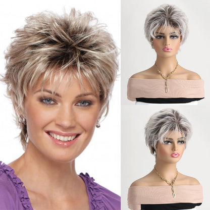 Short natural wigs with bangs, soft hair for mom, daily use, short gray ombre curly synthetic hair, costume party wig for women
