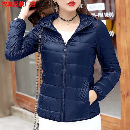 New Women's Hooded Down Jacket, Short, Thick, Warm, Casual, Lightweight, Korean Style, Simple Design