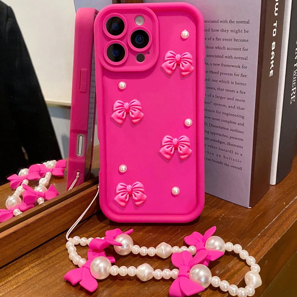 Korean 3D Bowknot Silicone Phone Case for iPhone 16 17 Pro 15 14 13 12 11 Pro Max 16E 7 8 Plus with Lanyard Soft Cover
