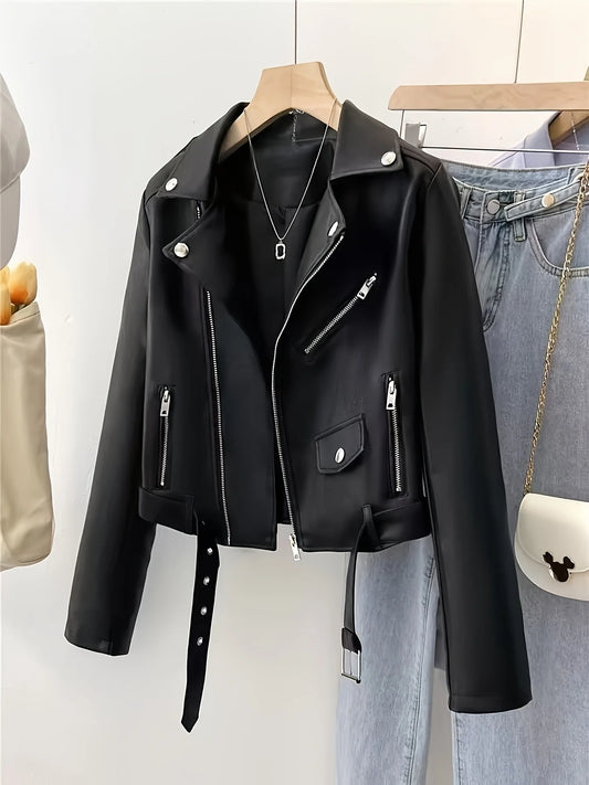 Women's Spring and Autumn American Retro Short PU Motorcycle Slim Leather Jacket
