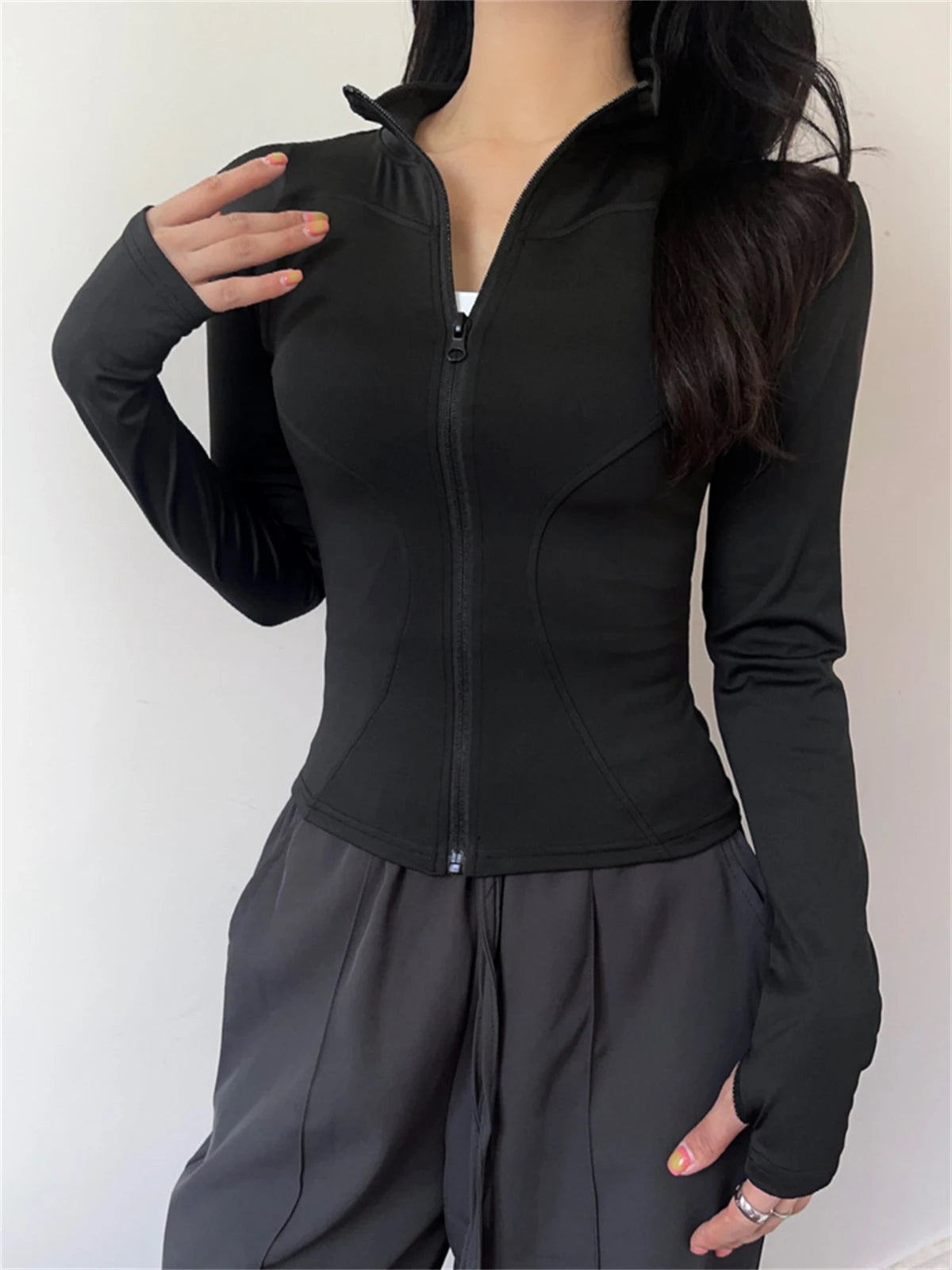 Women's Zippered Sports Jacket, Long Sleeve Slim Running Fitness Top, Quick Dry Plain Yoga Coat, Simple Casual Wear