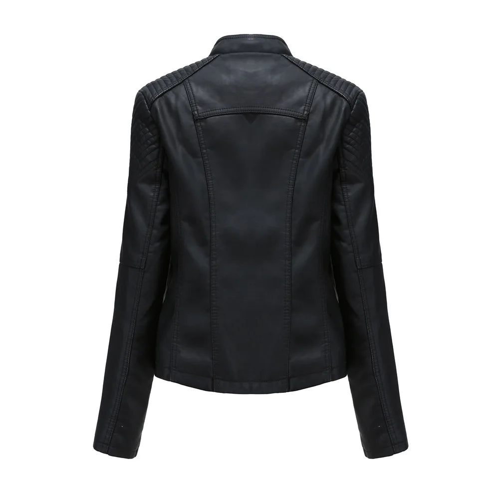 Chaqueta de cuero sintético para mujer, abrigo corto ajustado con cuello levantado y cremallera, ropa de calle para motorista, novedad de primavera y otoño.