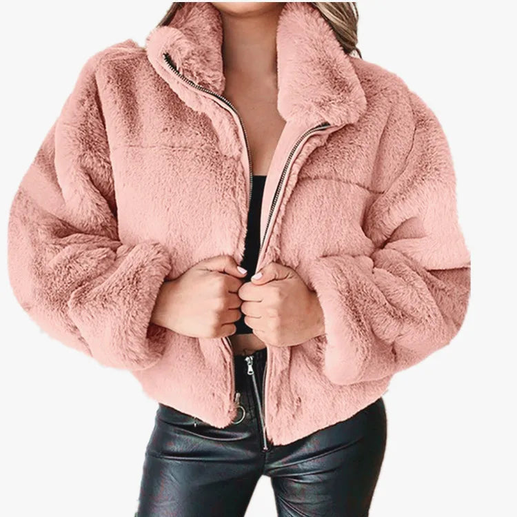 Women's warm winter jacket, zipper cardigan, faux fur, fashion, long sleeve, stand-up collar, plush coat for women