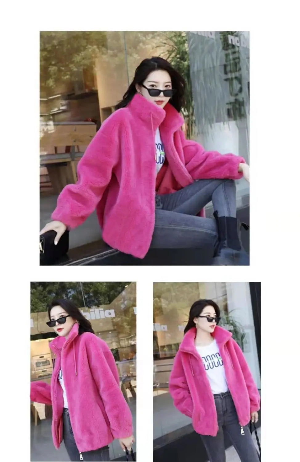 Abrigo cálido de lana Coral doble para mujer, abrigo grueso de felpa con cuello levantado, ropa informal de manga larga con cremallera a la moda para mujer