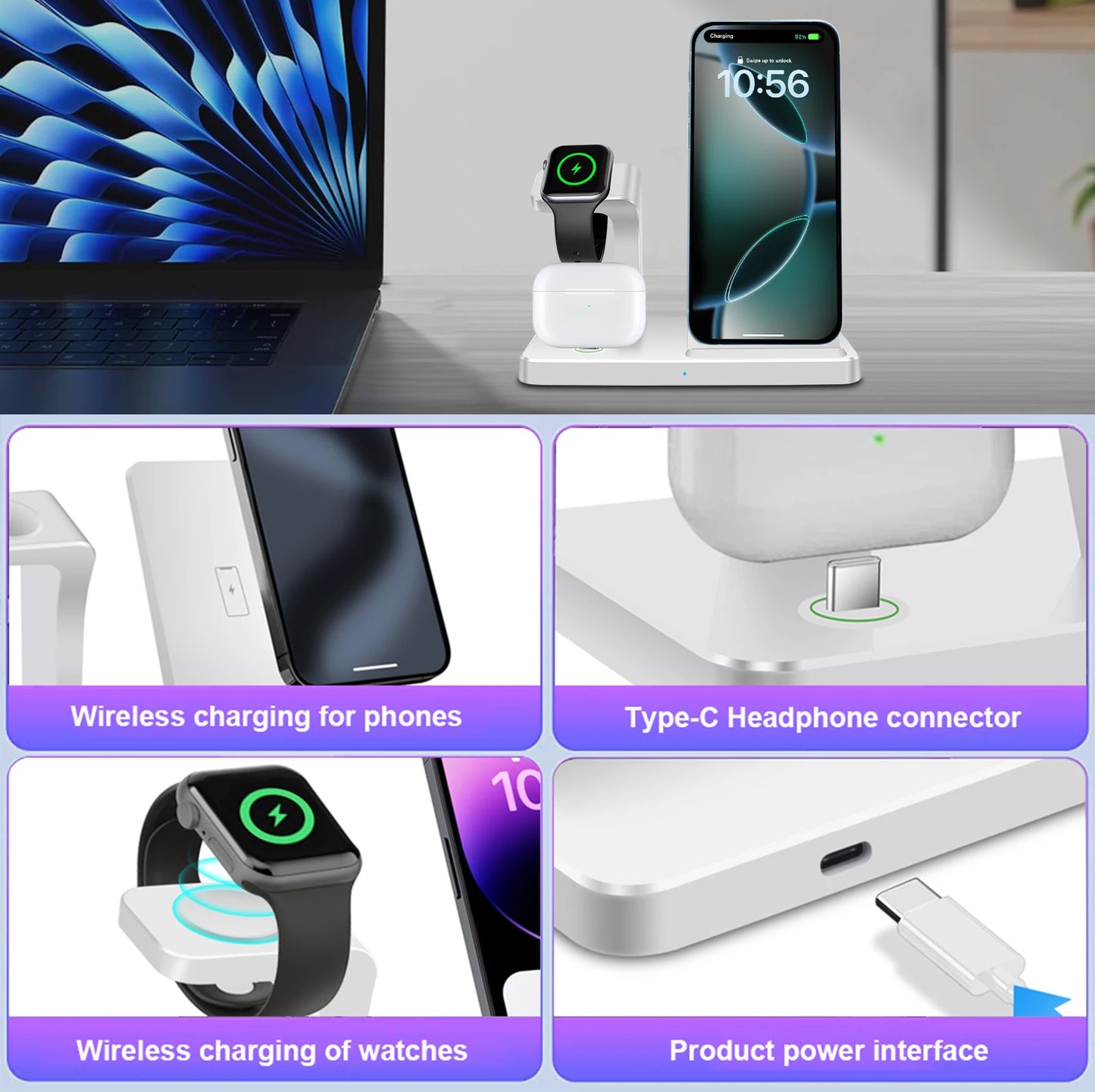 3-in-1 Wireless Charger for iPhone 16, 15, 14, 13, 12 Pro Max, Fast Charging Station for iWatch 10, 9, 8, AirPods 3, Induction Stand