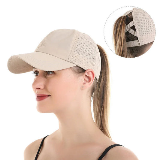 Gorra de béisbol de Color liso para mujer, sombrero de cola de caballo cruzada, malla de secado rápido, visera, Verano