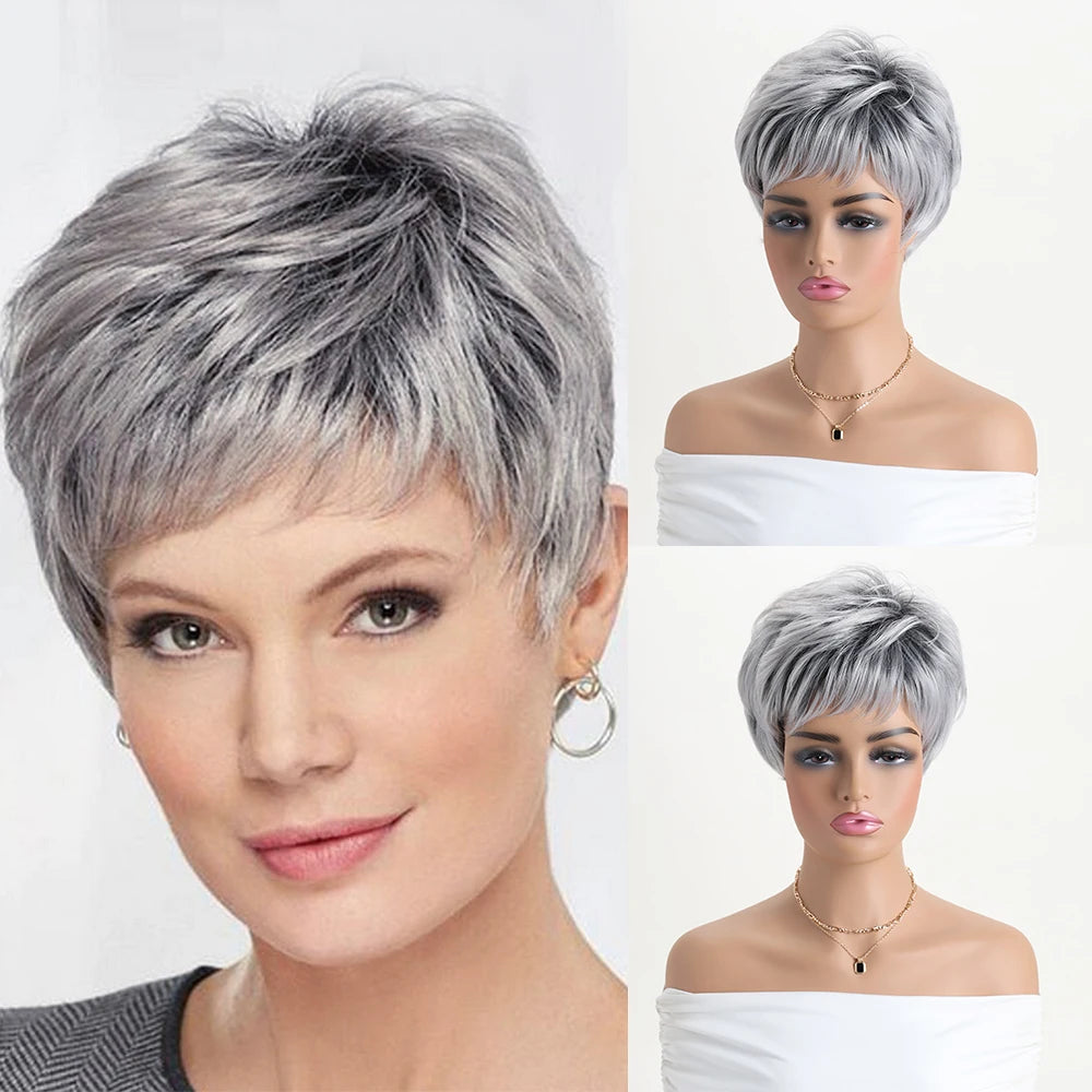 Short natural wigs with bangs, soft hair for mom, daily use, short gray ombre curly synthetic hair, costume party wig for women