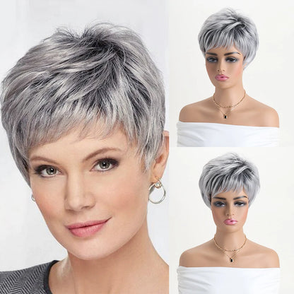 Short natural wigs with bangs, soft hair for mom, daily use, short gray ombre curly synthetic hair, costume party wig for women