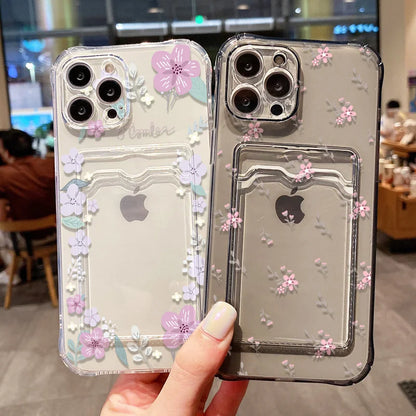 Funda de teléfono con soporte para tarjetas suaves para iPhone 13, 11, 16e, 15, 12, 14, 17, 16 Pro Max, 7 Plus, XR SE, funda transparente con flores estéticas