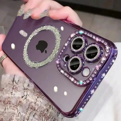 Funda de película de lente de cristal ostentoso de lujo para iPhone 15 16 11 12 13 14 Pro Max 16 Plus Magsafe cubierta transparente de carga inalámbrica magnética
