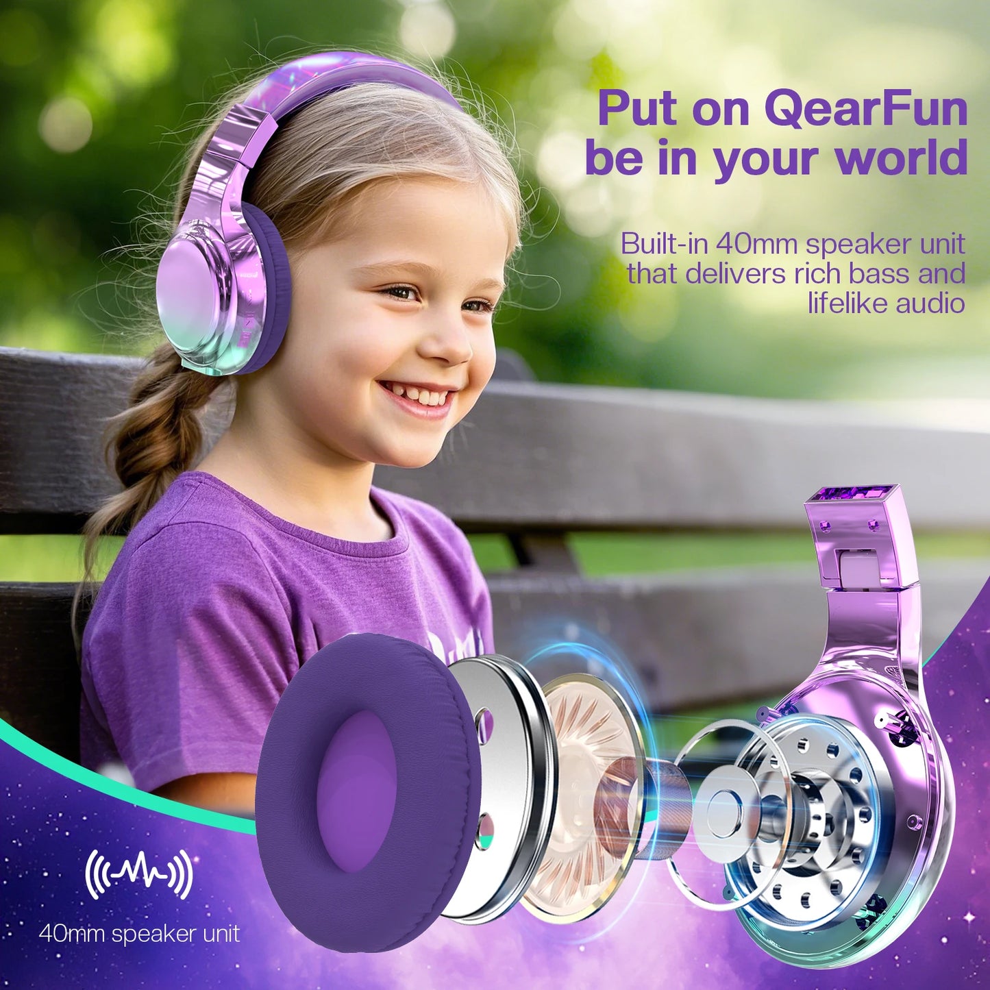 Kids Gradient Bluetooth Headphones, Wireless Over-Ear Headsets for Girls with Mic, Foldable Lightweight Headphones for School Travel