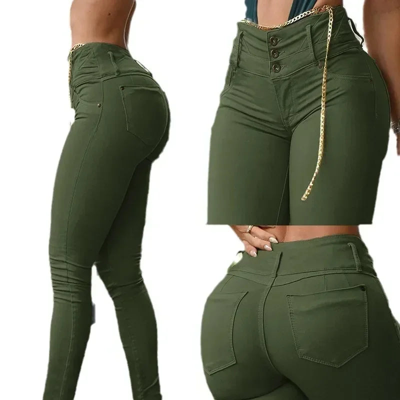 Pantalones ajustados de cintura alta de color liso para mujer, pantalones largos hasta el tobillo, color caqui