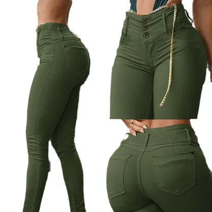 Pantalones ajustados de cintura alta de color liso para mujer, pantalones largos hasta el tobillo, color caqui