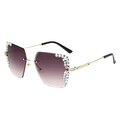 1 pair of trendy women's square rimless sunglasses with gradient lenses, crystal decoration, and metal material