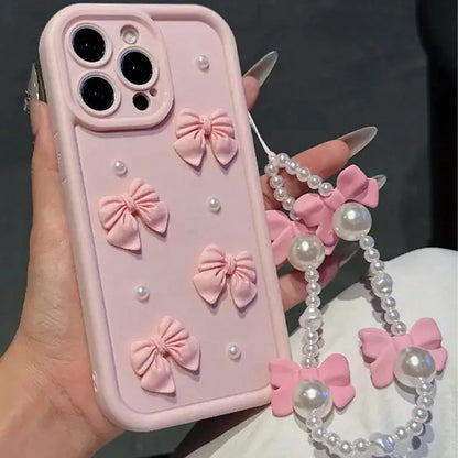 Korean 3D Bowknot Silicone Phone Case for iPhone 16 17 Pro 15 14 13 12 11 Pro Max 16E 7 8 Plus with Lanyard Soft Cover