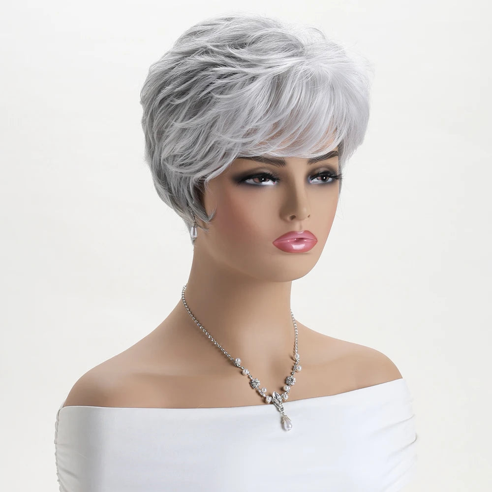 Short natural wigs with bangs, soft hair for mom, daily use, short gray ombre curly synthetic hair, costume party wig for women