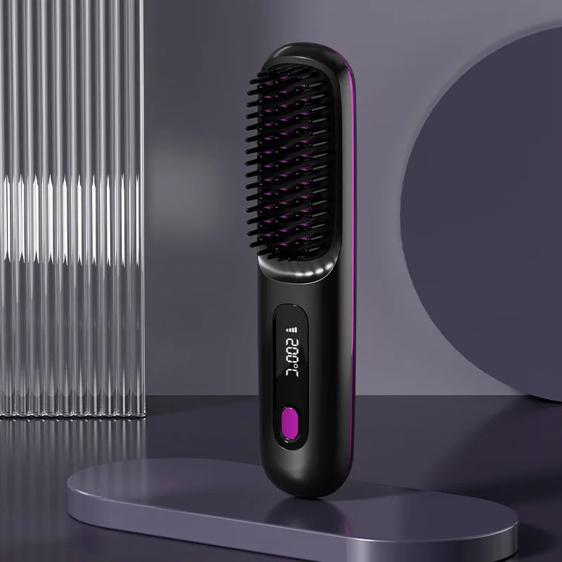 Cepillo alisador de pelo con pantalla LCD, alisador de carga USB inalámbrico, Mini cepillo alisador portátil para viajes en casa