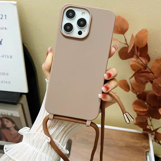 Candy Color TPU Soft Back Cover Silicone Phone Case with Lanyard Crossbody Strap for iPhone 16 15 14 13 12 Mini 11 Pro Max Plus
