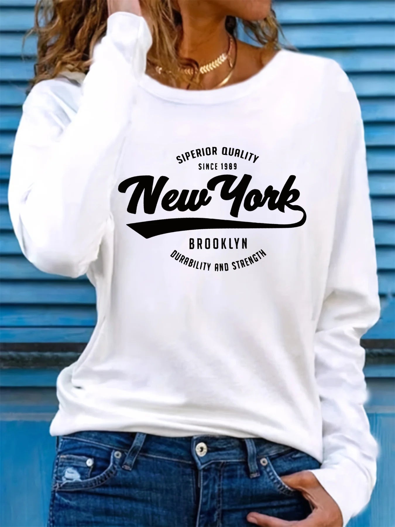 Camiseta 100% de algodón puro para mujer, camiseta holgada y cómoda con estampado de letras de NUEVA YORK, manga larga y cuello redondo, primavera y otoño