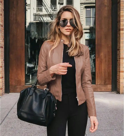 2025 Women's Cycling Coat, PU Leather Apparel, Zipper Suit, Fashionable Thin Short Female Jacket for Autumn and Winter