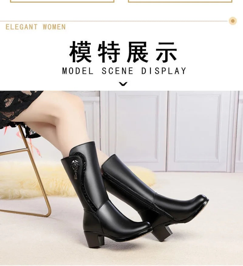Botas de invierno para Mujer, Botas de nieve cálidas de felpa, Botas de tacón alto a media pantorrilla a la moda para Mujer, Botas de cuero de alta calidad para Mujer