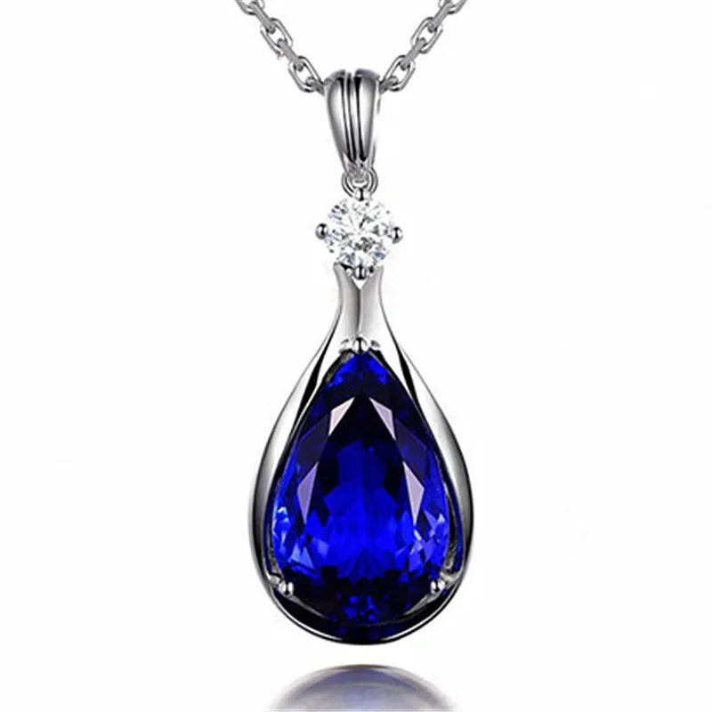 Collar de lujo para mujer, accesorios de joyería de plata 925, forma de gota de agua, colgante de piedras preciosas de circón de zafiro, regalo de fiesta de boda