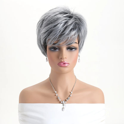 Short natural wigs with bangs, soft hair for mom, daily use, short gray ombre curly synthetic hair, costume party wig for women