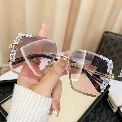 1 pair of trendy women's square rimless sunglasses with gradient lenses, crystal decoration, and metal material