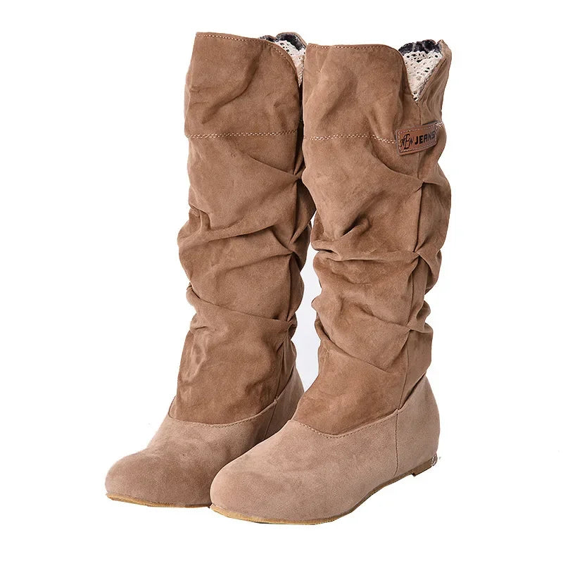 Botas de nieve de tubo medio para mujer, zapatos de mujer de talla grande con gancho de hilo de algodón hueco, encaje esmerilado, novedad.
