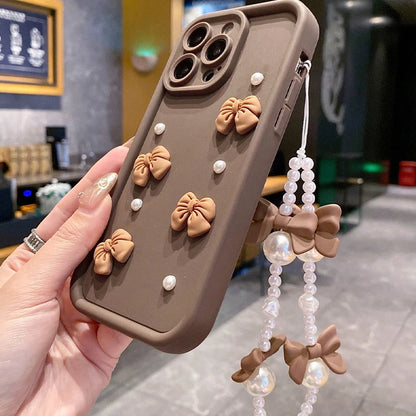 Korean 3D Bowknot Silicone Phone Case for iPhone 16 17 Pro 15 14 13 12 11 Pro Max 16E 7 8 Plus with Lanyard Soft Cover