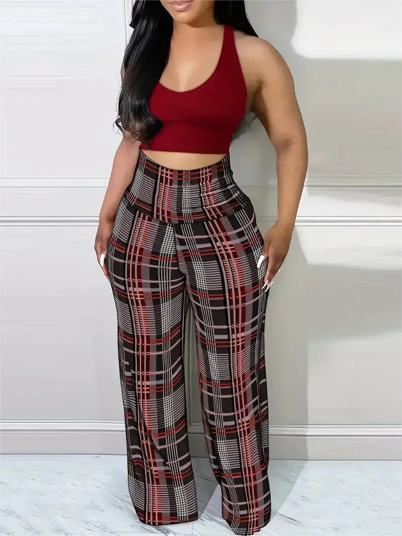 Pantalones de pierna ancha a cuadros para mujer Pantalones sueltos casuales de cintura alta para primavera verano